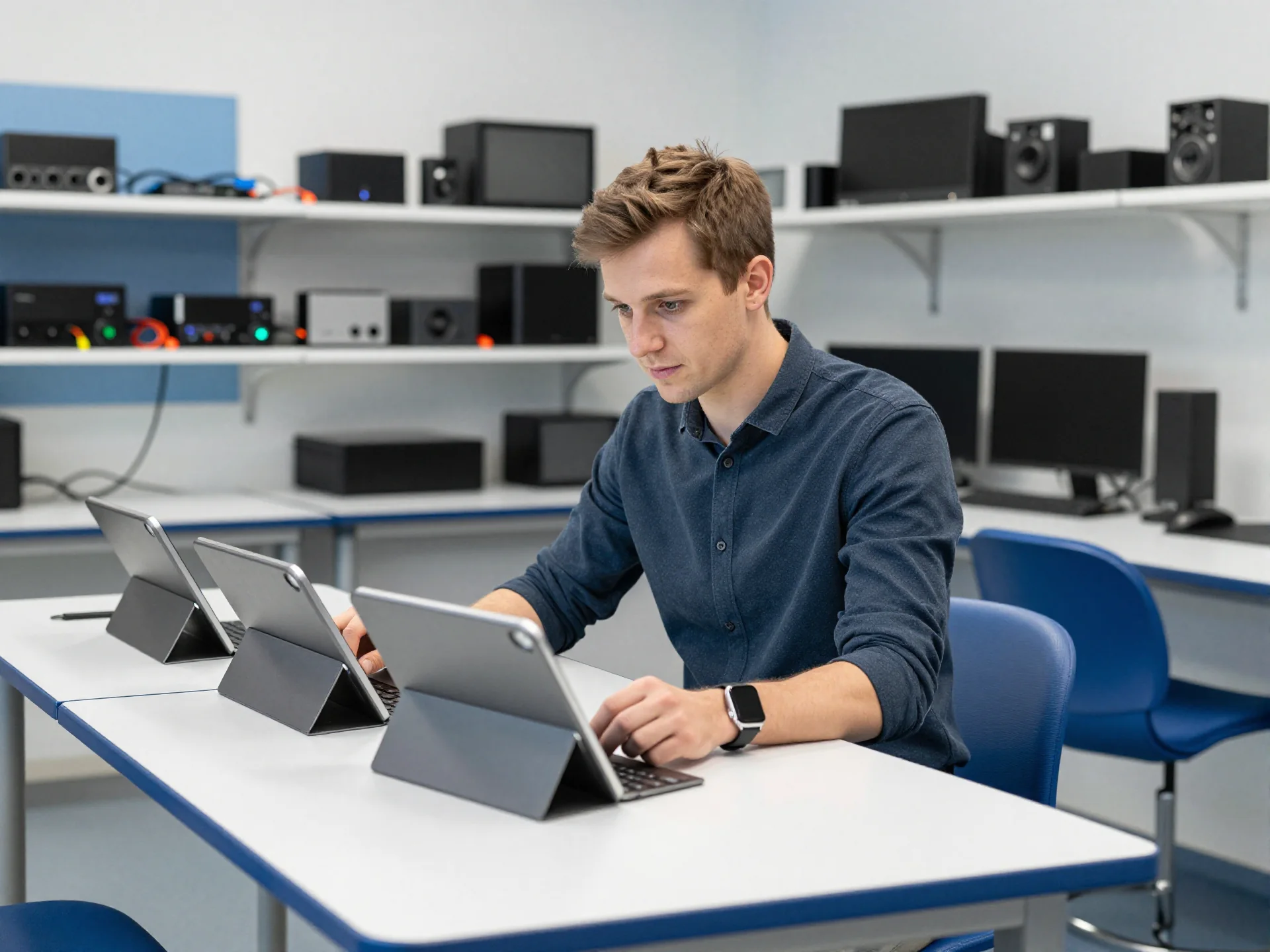 IT coordinator setting up tablets in a school