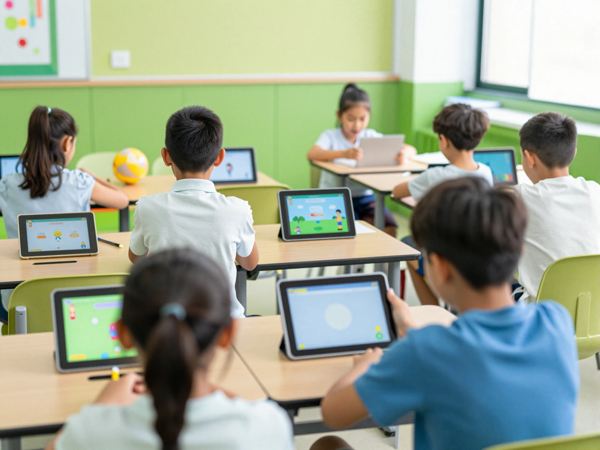 Students playing interactive digital literacy games on tablets