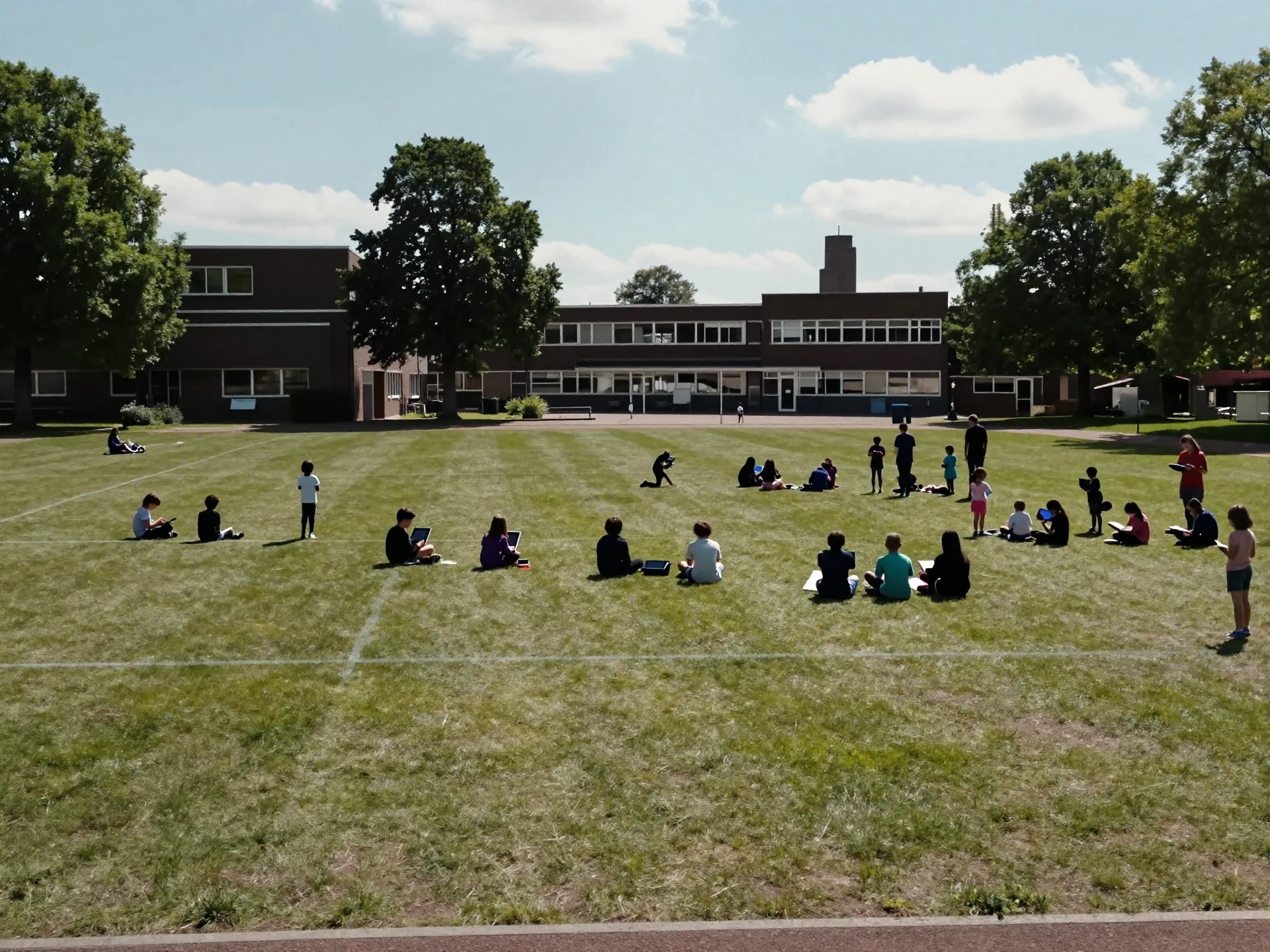 Panoramic shot of children in a schoolyard with tablets, teachers guiding them — a moment of outdoor learning, natural and joyful