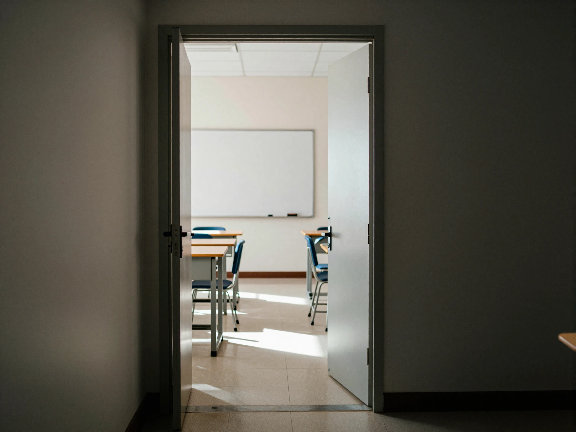 An open door leading from a dark room into a sunlit classroom