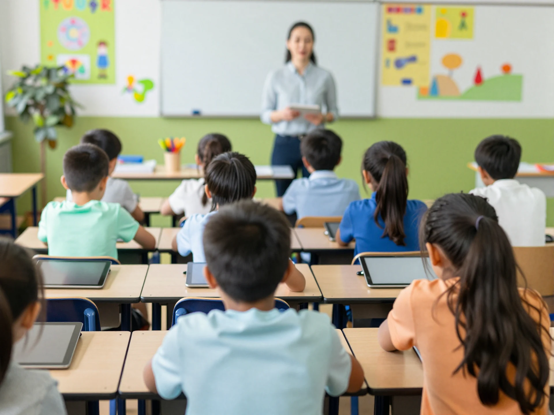 Children at school learning about digital safety, seen from behind