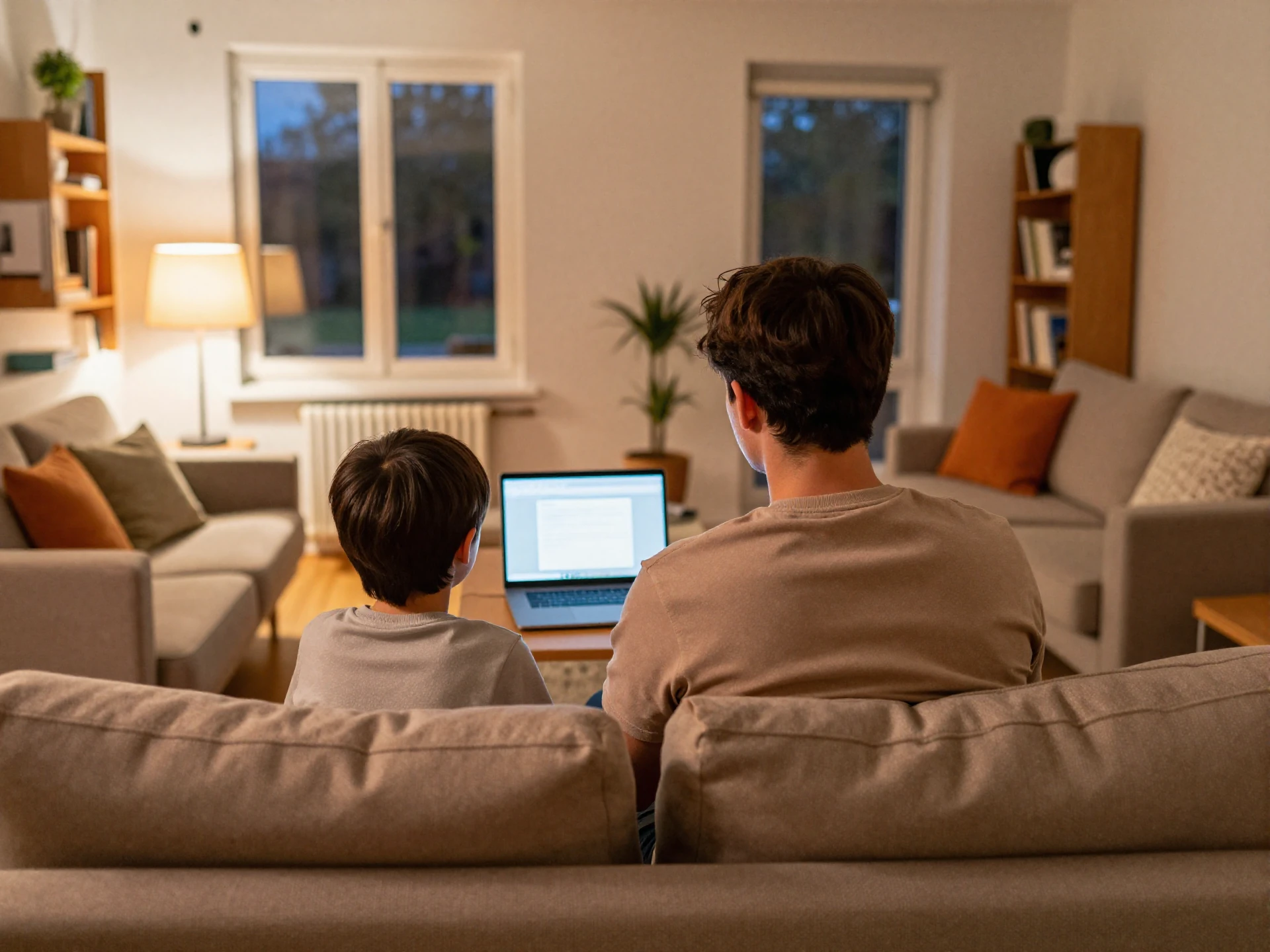 Parent and child at home, seen from behind, looking at a screen together