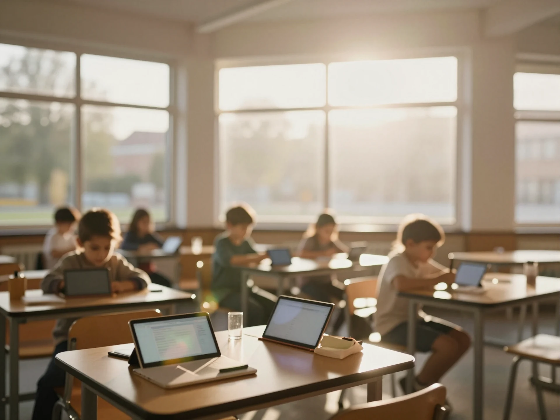 Soft, blurred image of happy children in a school — used as background texture