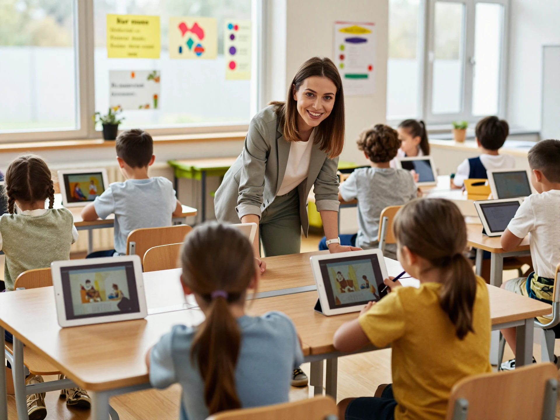 Teacher at the front of a bright classroom, students seen from behind